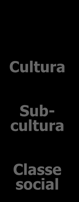 Fatores que Influenciam o Culturais Cultura Subcultura Classe social Sociais Grupos de referência Família Papéis e status Pessoais Idade e estágio no