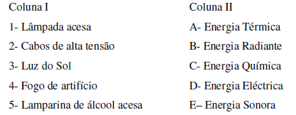 4. Associa corretamente aos exemplos da coluna I as manifestações de energia presentes. Não te esqueças que cada exemplo pode ter associada mais do que uma manifestação de energia. 5.