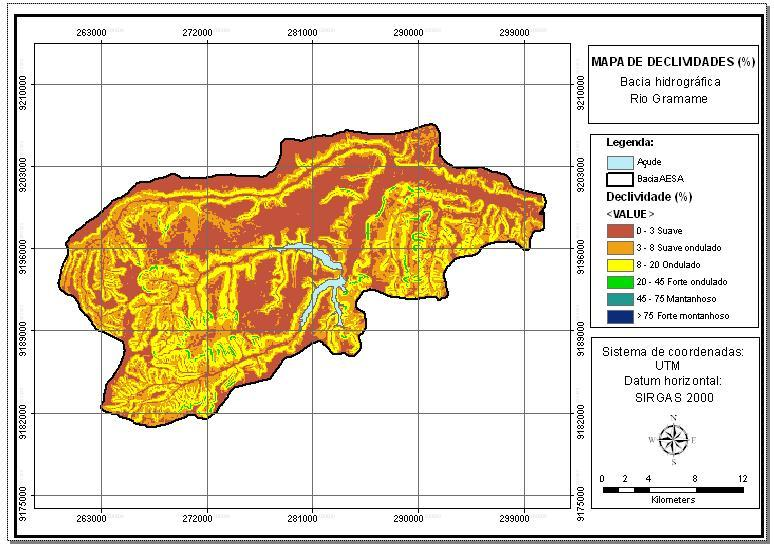 Para melhor compreensão, os dados de declividade foram gerados em porcentagem. Figura 4- Mapa de declividade da bacia do rio Gramame-PB.