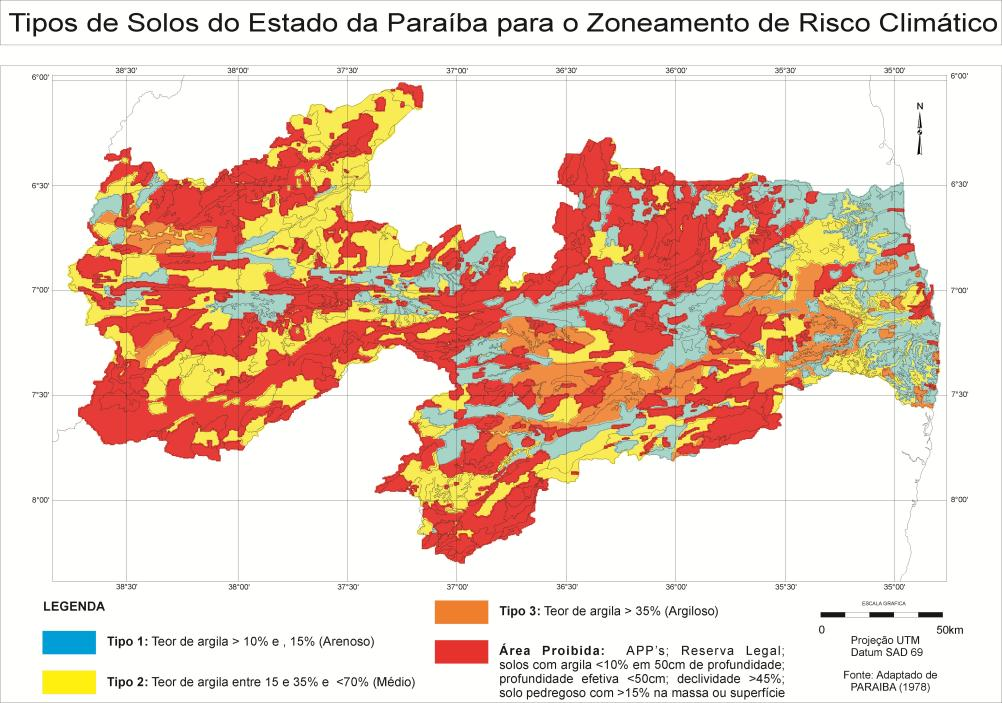 No mapa de Tipos de Solos da Paraíba para o Zoneamento de Risco Climático (Figura 3) observamos a espacialização dos tipos de solos 1, 2, 3 e áreas proibidas para o plantio de culturas. Figura 4.