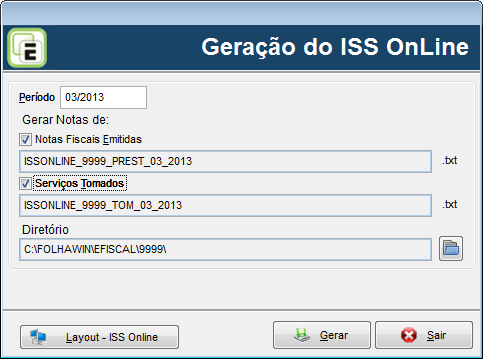 12 8. ISS ONLINE Atendendo alterações do layout da Geração do ISS Online (menu Diversos), foi acrescentado o campo série na geração