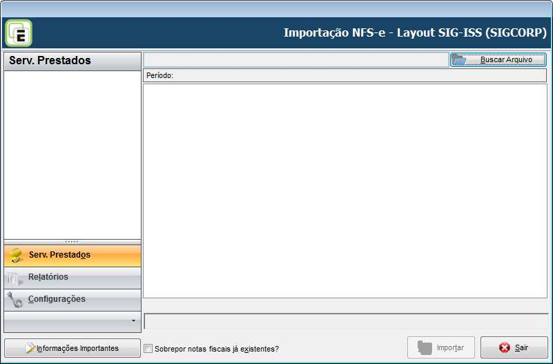 6 4. Importação dos códigos de serviços da NFS-e (Layout SIGCORP (SIG-ISS)) Na importação da NFS-e de empresas SIG-ISS (menu Diversos), também