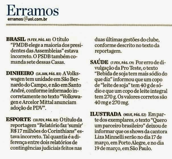 Seção erramos coluna do jornal ou revista que publica correções sobre