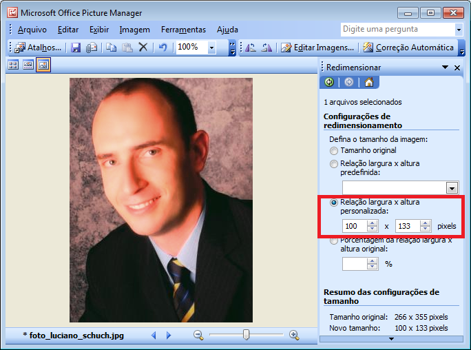 3. Definir a dimensão da foto como sendo 100 x 133 pixels. Veja a Fig. 2. 2 Fig.
