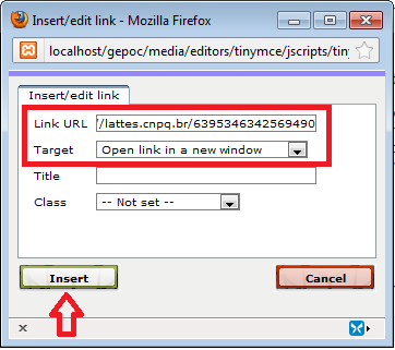 14. Fig. 14 Formatação do texto dos contatos: criação de links para páginas externas. 14. Na nova janela, cole no campo Link URL o endereço do seu Currículo Lattes.