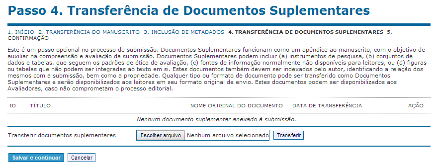 3) Submeter a proposta de IC Passo 4. Transferência de Documentos Suplementares Neste passo você deve incluir a FICHA DE INSCRIÇÃO E TABELA DE PONTUAÇÃO DE CURRÍCULO LATTES (Anexo II) preenchida.