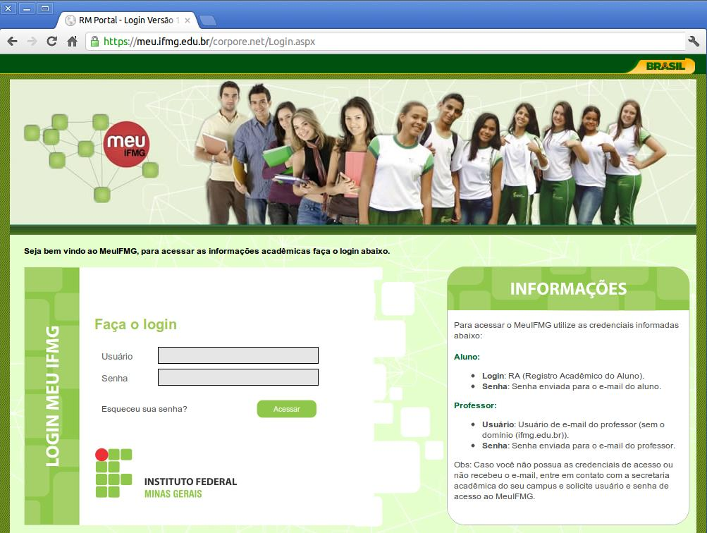 Projeto: IFMG Instituto Federal Minas Gerais Tutorial Novo Portal do Aluno Login no Portal do Aluno O site para acesso ao portal do aluno é: https://meu.ifmg.edu.
