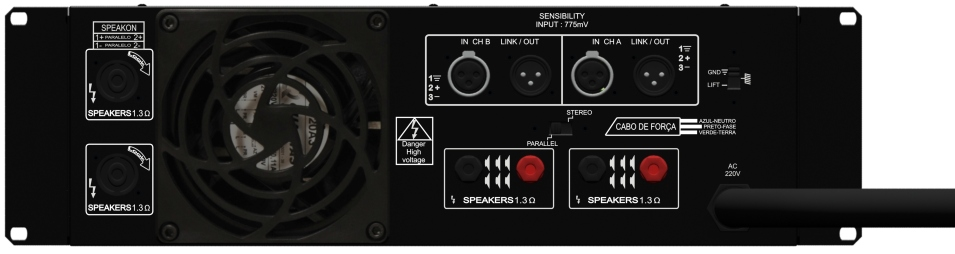 on/off, liga/desliga 08 Controle de volume do canal A/B 09 Led indicador de on A/B 10 Etiqueta indicadora de Ohms 11 Ventilação 12 Led indicador do Clip 13 Led indicador de on 14 Led indicador de