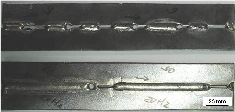 A partir da Figura (7), que representa a soldagem de cordões entre chapas de 2 mm de espessura, com abertura de 2mm, pôde-se observar também uma diminuição da altura do reforço da raiz quando a