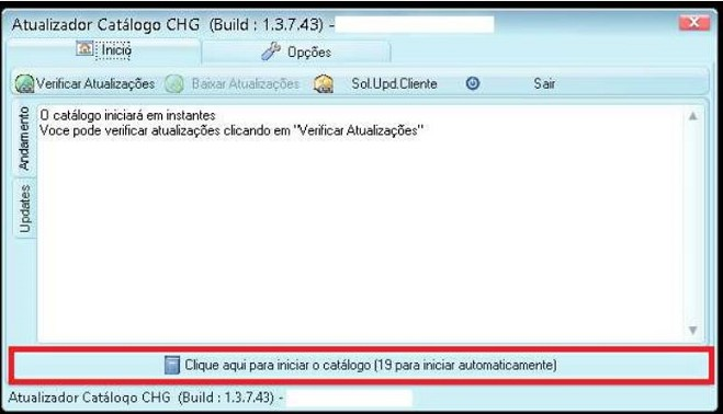 7, será aberto o atualizador do catálogo, depois clique no botão Clique aqui para iniciar o catálogo ou aguarde 20 segundos para que ele