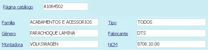 Os campos são Página catálogo, Família, Tipo, Gênero,
