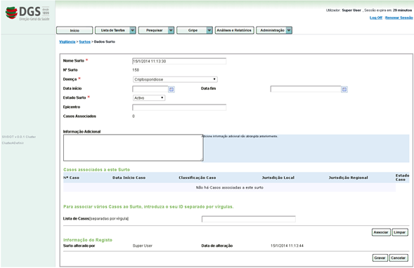 4.3.1 Alterar dados de um Surto A edição do Surto permite ao utilizador atualizar dados de um surto.