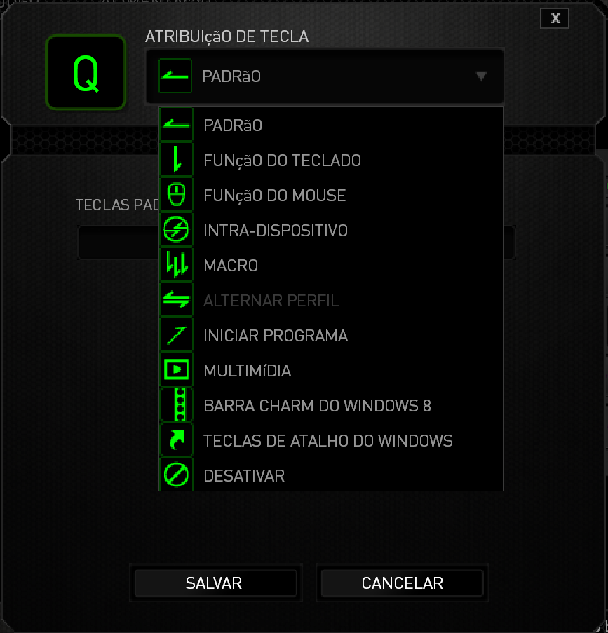 MENU PRINCIPAL DE TAREFAS Inicialmente, cada tecla está definida para Padrão. Entretanto, a função dessas teclas pode ser alterada clicando no botão desejado para acessar o menu suspenso principal.