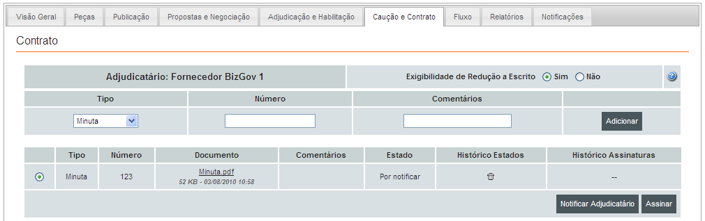 2. A Minuta Ao enviar o documento, deverá seleccionar-se a Minuta e clicar em