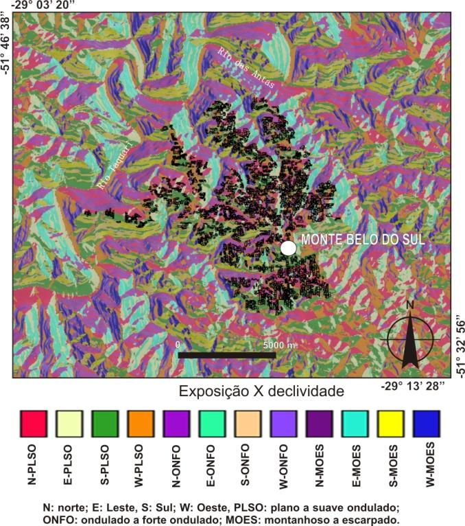 Figura 5. Mapa do cruzamento da exposição solar com a declividade, região de referência da IG Monte Belo. 4 REFERÊNCIAS BIBLIOGRÁFICAS CLARK LABS. Idrisi Kilimanjaro: GIS software package.