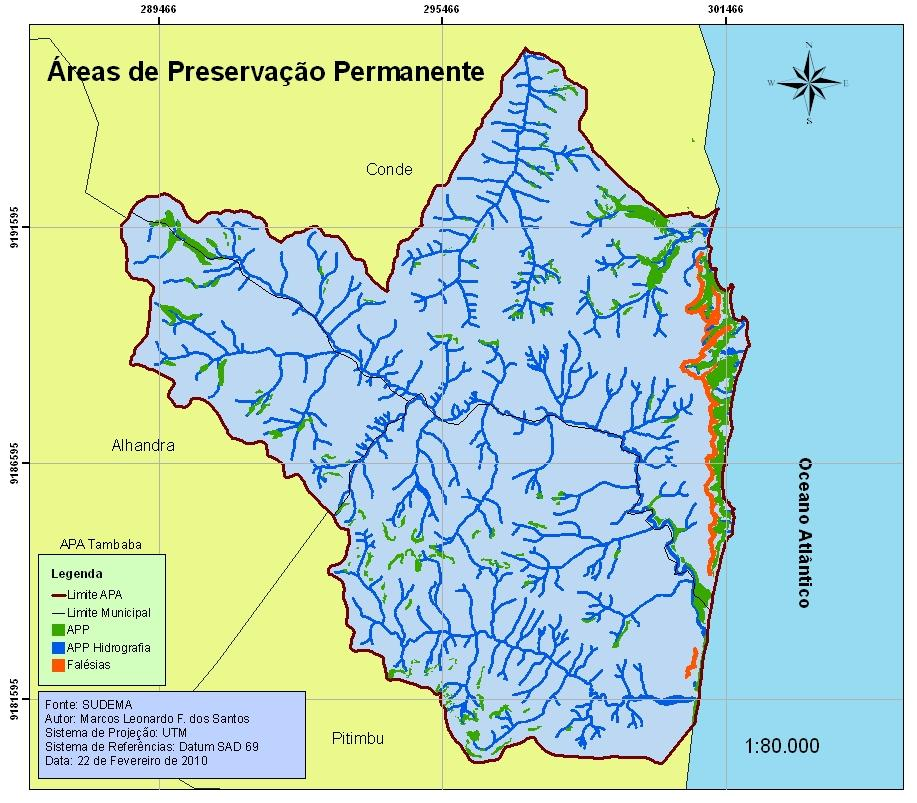 Figura 2 Mapa de APP da APA Analisando a distribuição das APP entre os municípios detentores dos limites da APA, percebe-se que o município do Conde possui uma maior quantidade de áreas de