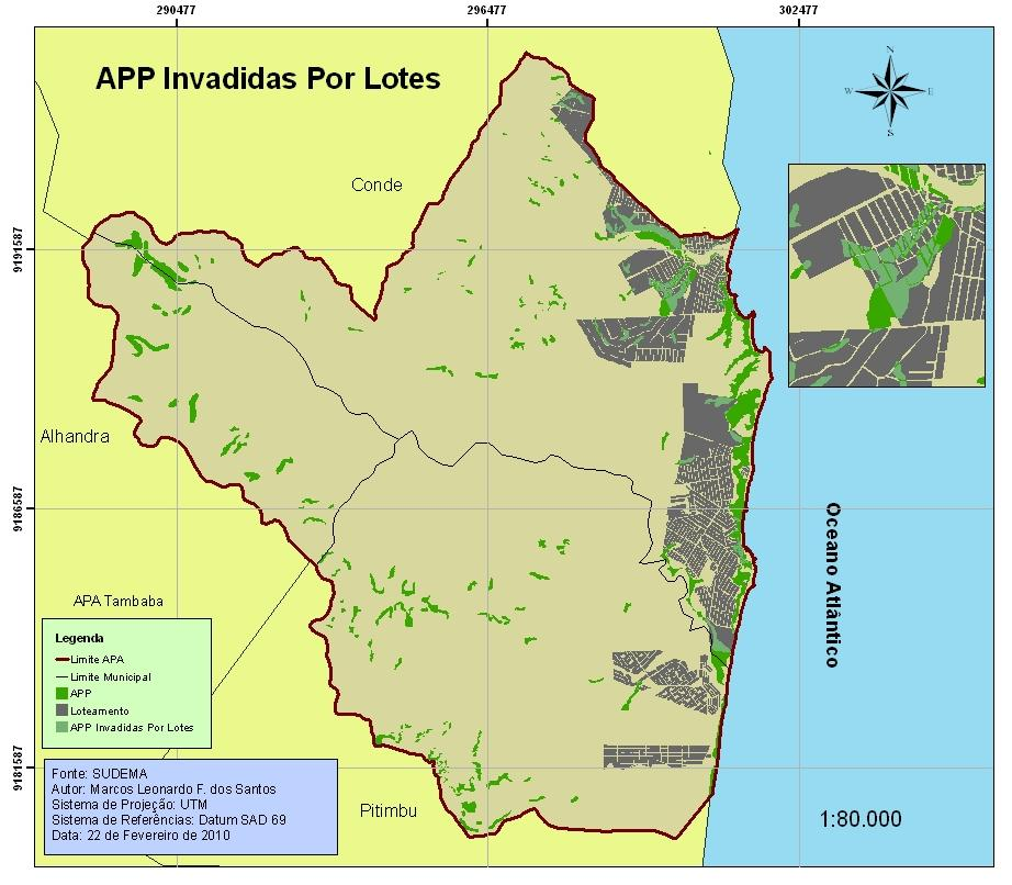 Figura 4 Mapa de APP invadidas por lotes No que diz respeito à quantidade de lotes irregulares perante a legislação ambiental vigente, do total de 12.831 unidades, 842 invadem APP.