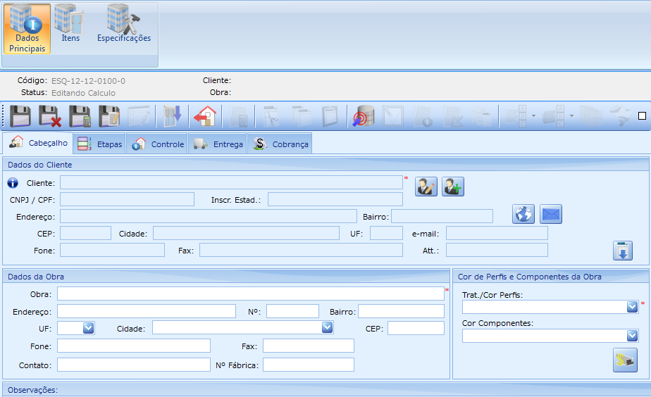 Os 3 principais botões dessa tela são: Dados Principais, Itens e Especificações.