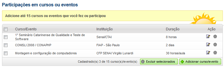 Dica 1: Participações em Cursos e Eventos São cursos extracurriculares ou de aperfeiçoamento que você tenha participado, por exemplo.