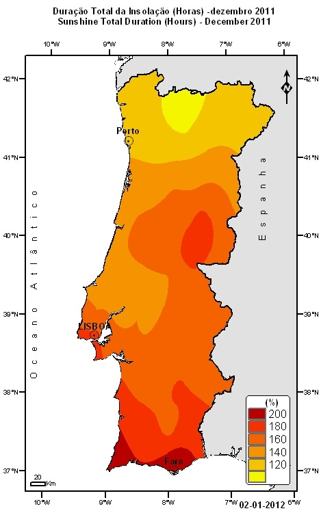 3. Insolação Os valores da insolação no mês de dezembro de 2011 foram superiores aos valores normais (1971-2000) em quase todo o território do Continente, verificando-se o valor mais alto em Faro