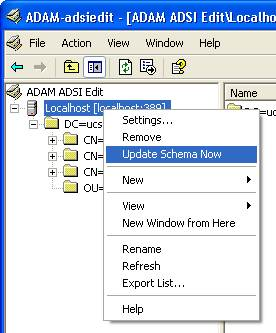 12. Caso necessário, use o editor ADSI para atualizar o esquema. Clicar com o botão direito o host local, e escolha o esquema da atualização agora.