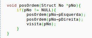 Árvore Binária Percurso pós-ordem posordem(2 esq) posordem(7 esq) posordem(2 esq) posordem(2 dir) visita(2) posordem(7 dir) posordem(6 esq) posordem(5 esq) posordem(5 dir) visita(5) posordem(6 dir)