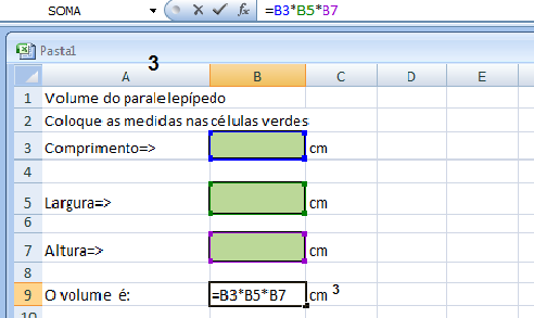 Figura 1- Indicação de endereços Note que na célula B9, ou seja, na coluna B e linha 9 foi digitado =B3*B5*B7 ao invés de digitar 6*7*8, que daria o mesmo resultado do volume, assim que fosse