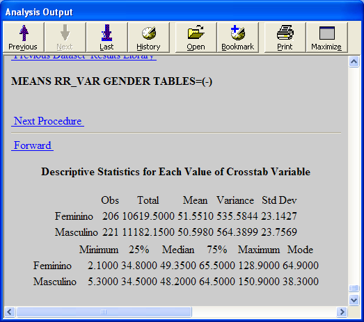 Comparação de médias entre grupos A caixa "Cross-tabulate by Value of" permite escolher uma variável de agrupamento.