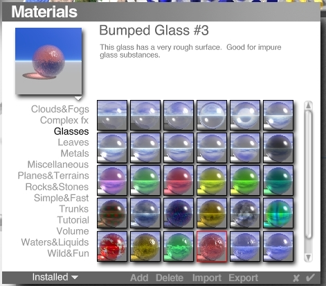 O gestor de materiais do Bryce separa as texturas por categorias: núvens (clouds and fogs), efeitos complexos (complex fx), vidros (glasses), metais (metals), materiais variados