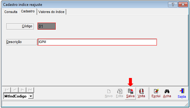 Digite o código e o nome do índice e clique no botão