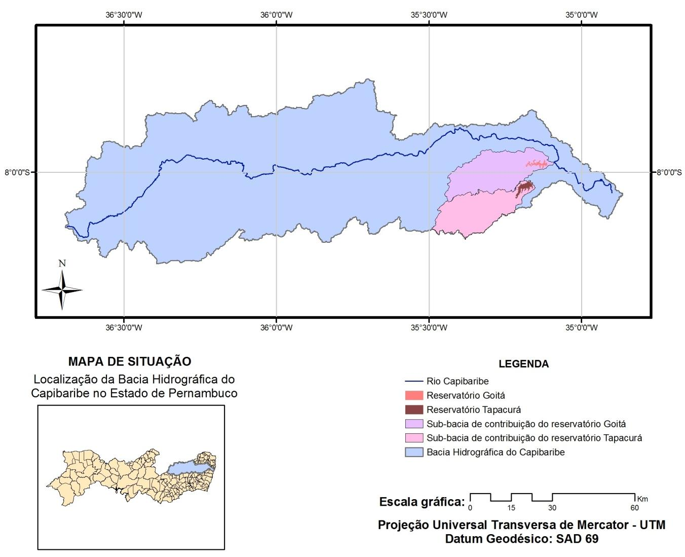 Figura 1. Localização dos reservatórios de Goitá e Tapacurá, e suas respectivas sub-bacias de contribuição, na bacia hidrográfica do Capibaribe Fonte: O autor, 2011 Figura 2.