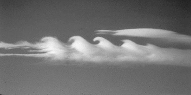 Billow clouds showing a Kelvin-Helmholtz instability at the top of a stable atmospheric boundary layer.