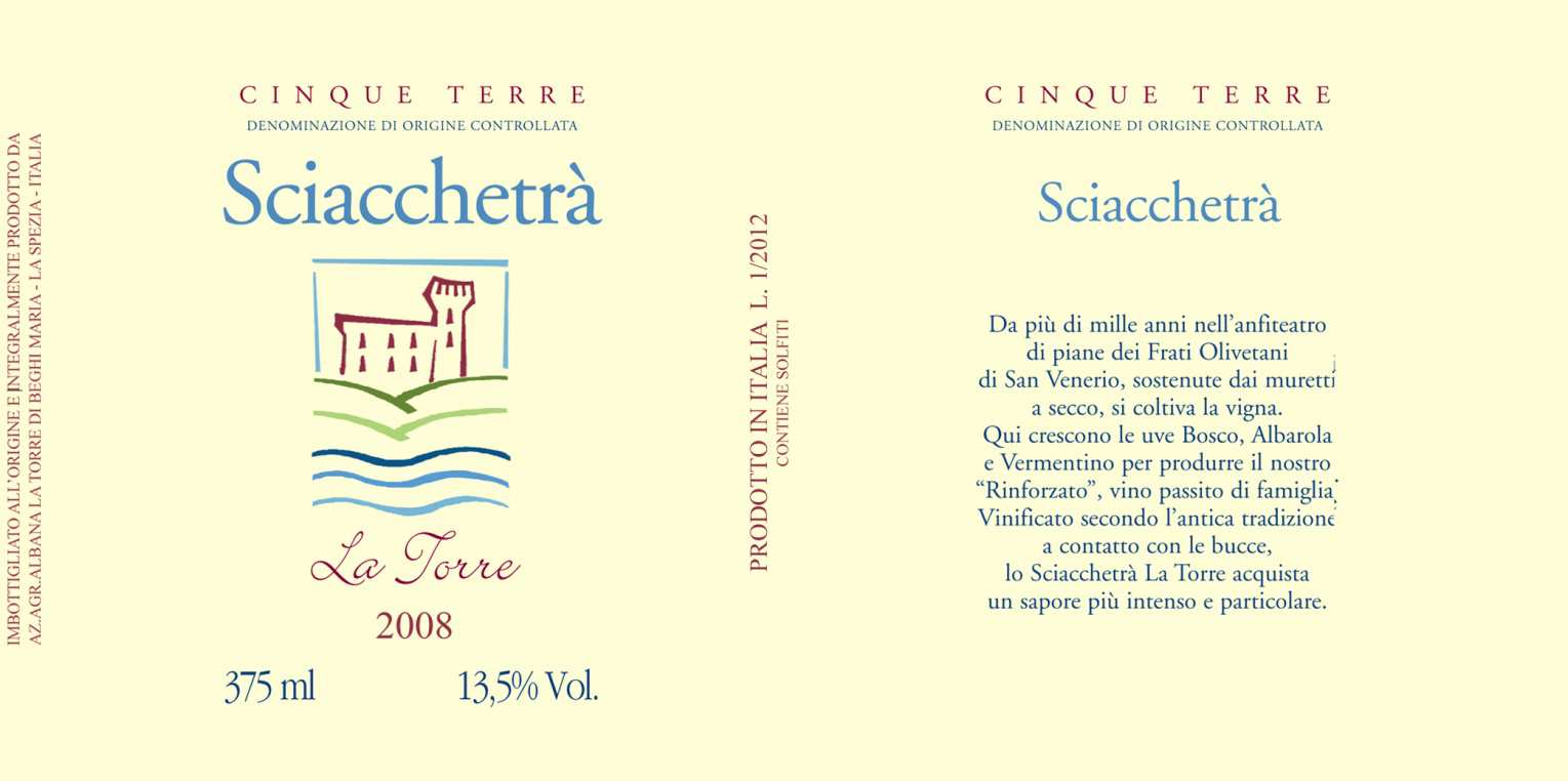 ALBANA LA TORRE SCIACCHETRA CINQUE TERRE DOC TIPOLOGIA Vinho feito com uvas passas - Denominação de Origem Controlada (DOC) ORIGEM Albana di Campiglia (La Spezia) VINHEDOS Local: Albana di Campiglia