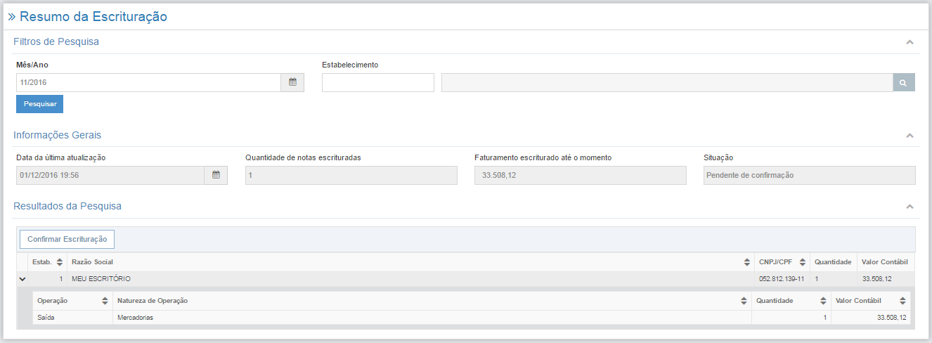 Através do painel, o cliente poderá conferir o total do faturamento e de notas escrituradas (valor contábil e quantidade), para que então possa confirmar as