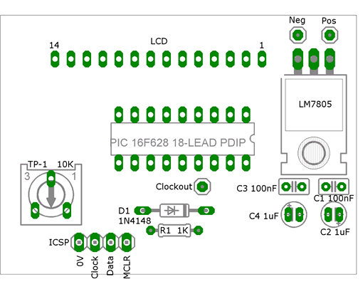 A placa de circuito impresso sugerida é mostrada nas figuras abaixo e tem 2.225 X 1.600 (aproximadamente 56,5mm X 40.6mm).