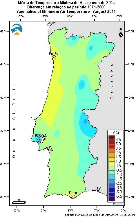 7 C em Faro. Os desvios da temperatura máxima variaram entre -2.6 C em Penhas Douradas e +1.4 C em Elvas e da temperatura mínima entre -1.7 C em Lisboa/I.G. e +1.2 C no Porto/P.R.