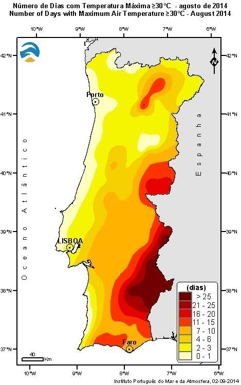 Na Figura 2 representa-se a variabilidade da média da temperatura média do ar, em agosto, em Portugal Continental.