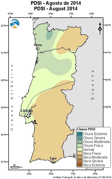 Tabela 2 Classes do índice PDSI - Percentagem do território afetado Classes PDSI 31 agosto 2014 Chuva extrema 0 Chuva severa 0 Chuva moderada 1 Chuva fraca 20 Normal 23 Seca Fraca 56 Seca Moderada 0