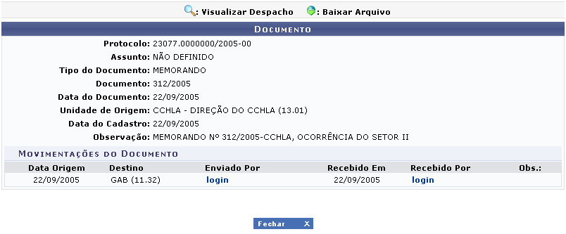 Esta opção será válida sempre Ao clicar no link, o usuário poderá visualizar algumas informações sobre o movimentador do documento.