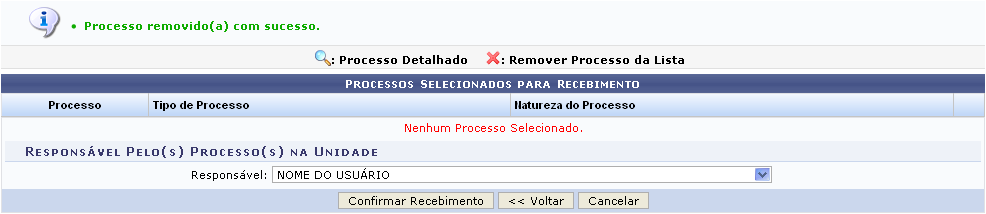 confirmar a remoção do processo selecionado.