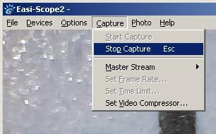 Para parar a gravação, clique em "Capture" (Captar) e, em seguida, seleccione "Stop