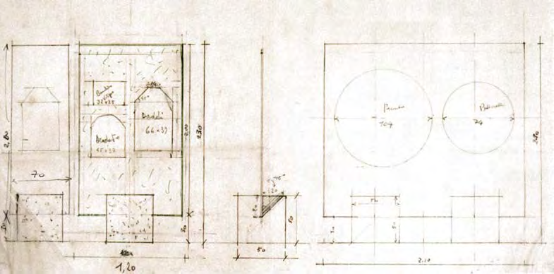 (Lina Bo Bardi) Croquis do cavalete de cristal Protótipo feito na Galeria