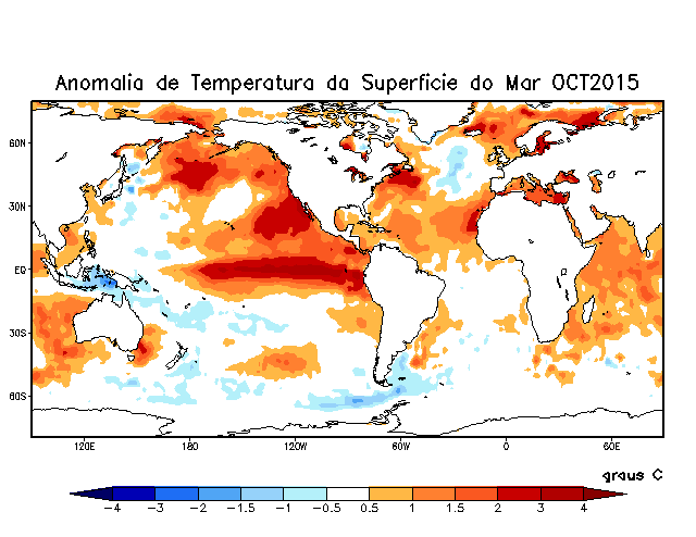 No mês de outubro a Temperatura da Superfície do Mar (TSM) no Pacífico Equatorial (Figura 2) permaneceu com anomalias positivas.