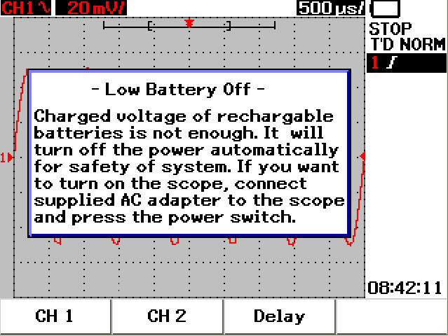 Usar as funções do osciloscópio 3 Figura 3-52 Mensagem exibida durante a condição de pouca bateria Função Mute A função Mute permite ligar/desligar o som de tecla e o alerta de pouca bateria.