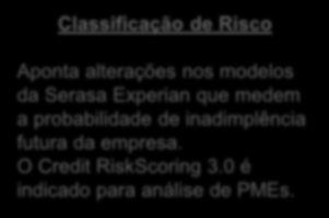 Classificação de Risco Aponta alterações nos modelos da Serasa Experian que medem a probabilidade de inadimplência futura da empresa. O Credit RiskScoring 3.