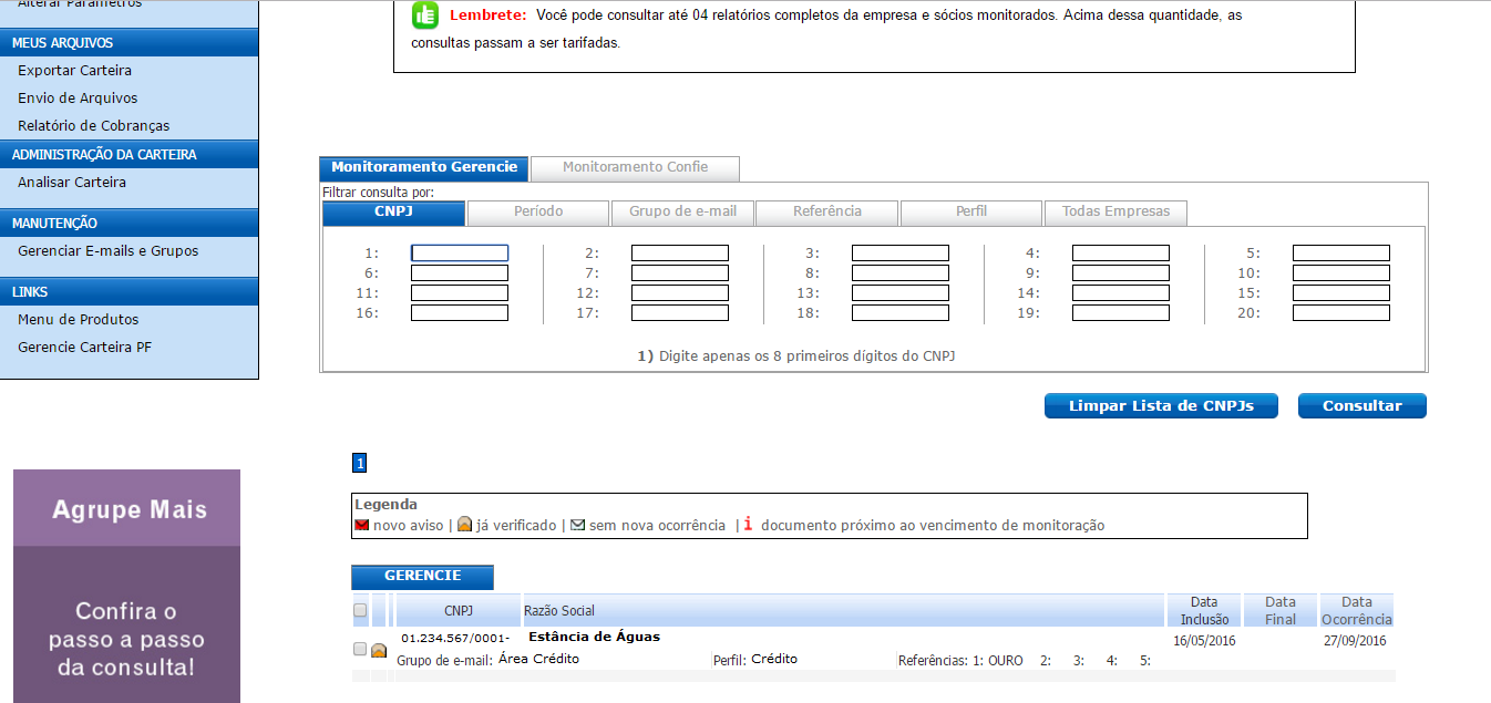 Exclusão de Documentos Site Serasa Os dados do CNPJ inserido será apresentado.