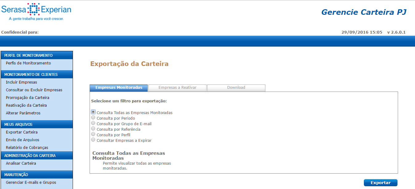 Exportação de Carteira Você irá encontrar as opções de exportar carteiras ativas e inativas nesta tela.