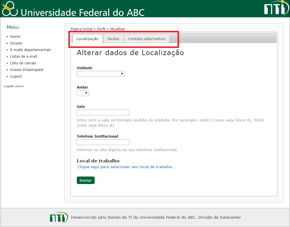 Clicando em Editar Perfil (Figura 5) serão apresentadas as seguintes opções: Localização Senha Contato Alternativo Figura 5 Em Localização (Figura 6) escolha: