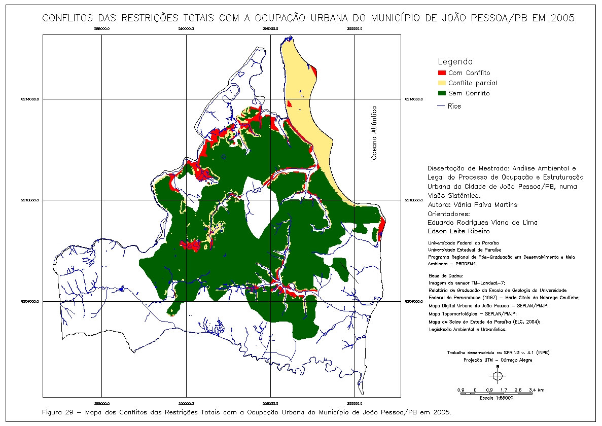 Neste Mapa, verifica-se que o município apresenta conflitos físico-ambientais maiores nas planícies flúvio-marinhas, fluviais e na área da planície costeira ao sul, nas proximidades da praia do Cabo