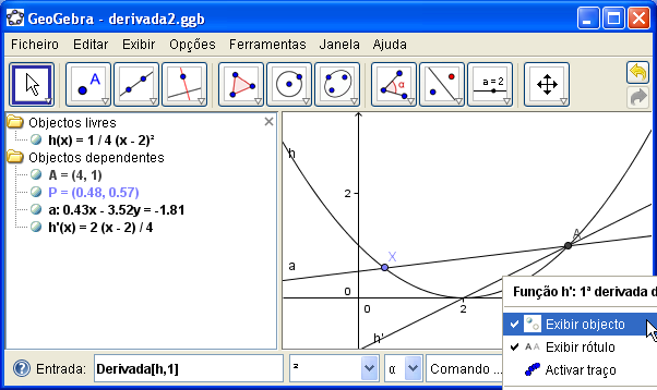 15. Adicionamos uma recta que passa pelo ponto A e pelo ponto P com o comando: recta[a,p] 16.
